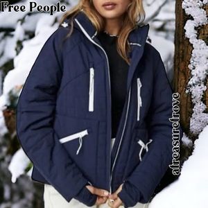 Free People Navy Blue Puffer Ski Jacket with White Zippers